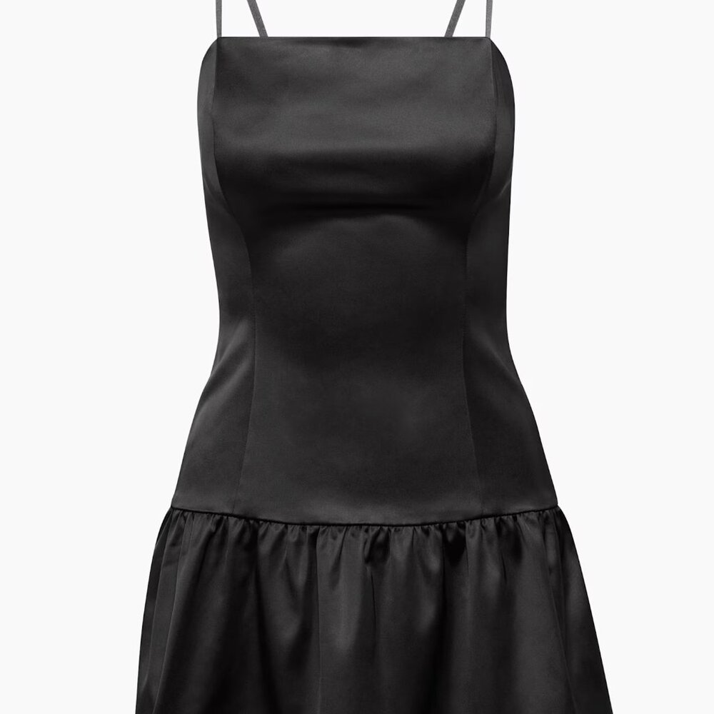 Aritzia Sunday Best Drop Waist Bubble Hem Black Satin Mini Dress Size Small